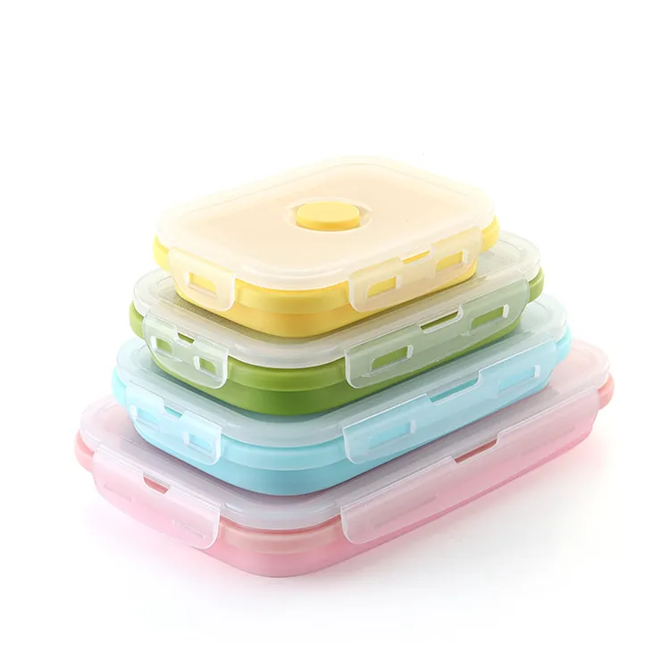Fiambrera plegable de silicona para niños, juego de contenedores de almacenamiento de alimentos con tapas, sin BPA, 4 Uds., cajas y contenedores de almacenamiento, bolsa Opp cuadrada 1-3L