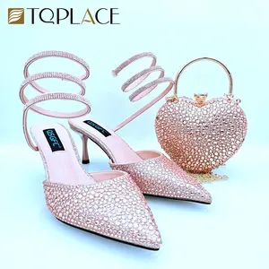2023 Fashion Design Rhinestone Peach Shoes And Bag Set For Women High Heal 7.5 CM Shoes And Bags Sets Ladies Wedding Wear