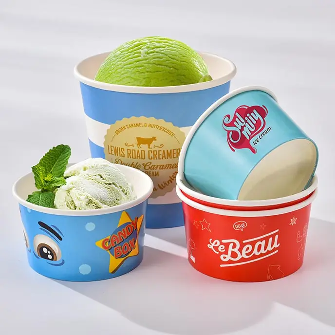 Wholesales Customer Printed Frozen Yogurt Cup Disposable Paper Double PE Ice Cream Cup Dome lid