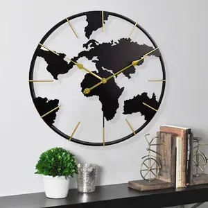 Meilleur cadeau métal minimaliste moderne rond silencieux décoration murale horloge grande carte du monde horloge murale pour la maison bureau école décor