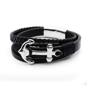 Hiphop Anchor Charm Pulseras trenzadas Cuerda de acero inoxidable Brazalete para hombres Accesorios de muñeca Brazalete de cuero genuino Joyería - Product Image 6