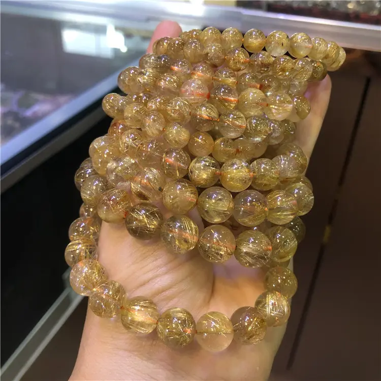 Natuurlijke Redstone Goud Rutilated Quartz 8Mm 10Mm 12Mmball Armband Dames Mode Kristal Ornament