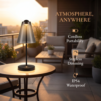 Lampe de table sans fil de luxe pour restaurant et patio, étanche IP54, rechargeable, à intensité variable en continu, avec abat-jour fumé, pour extérieur