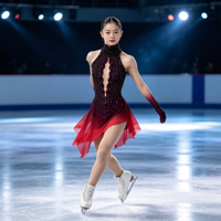 Robe de compétition de patinage artistique rouge bordeaux dégradé, col montant halter, dos ouvert ajouré, jupe asymétrique, ornée de strass