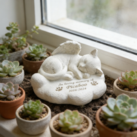 Statue commémorative de chat en résine personnalisable - Nom/date gravable, design nuage ailé, idéal pour la décoration de jardin et comme souvenir commémoratif pour animaux de compagnie