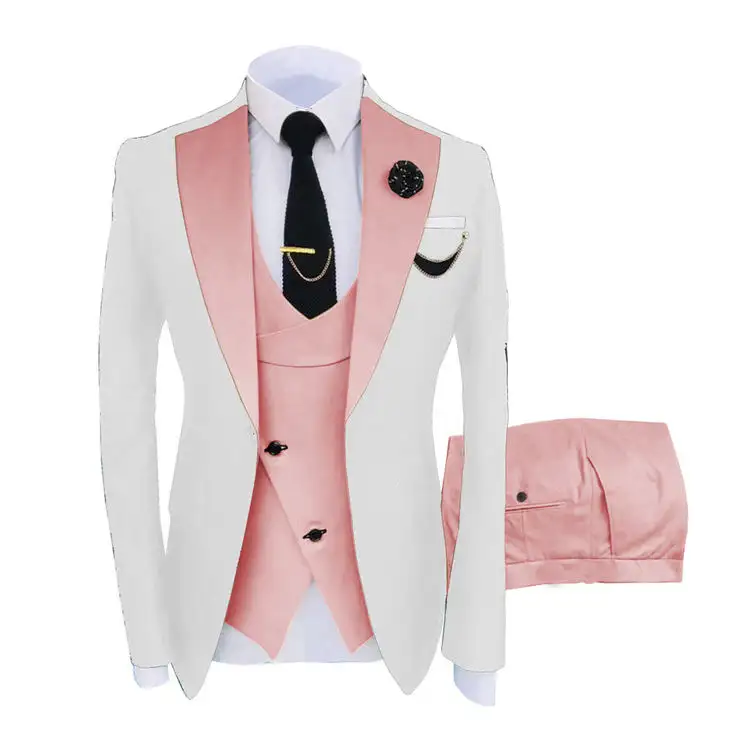 New Design White Pink Mens Business Suits for Men Blazer Vest Pants Set  Men's Groom Tuxedos Wedding Suit Pieces