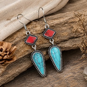 Pendientes Colgantes Creativos Vintage con Incrustaciones de Rojo y Turquesa, Nuevos Adornos Étnicos para Novias - Product Image 3
