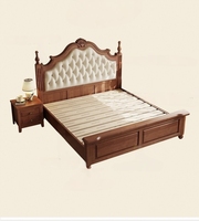 Lit classique américain en bois massif pour chambre à coucher - Base en acajou et tête de lit capitonnée de couleur crème