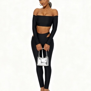 เสื้อครอปแขนยาวเปิดไหล่สำหรับผู้หญิงและกางเกงสกินนี่ผูกเชือกชุดแฟชั่น 2 ชิ้น - Product Image 2