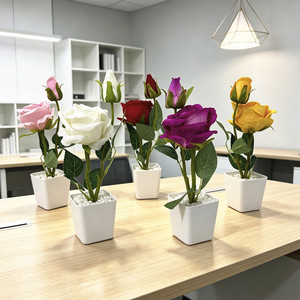 Dos Rosas de Perlas Artificiales en Maceta de Tela de Seda, Regalo para el Día de San Valentín, Bonsái de Flores Artificiales, Arreglo para Cena a la Luz de las Velas, Pequeño - Product Image 1