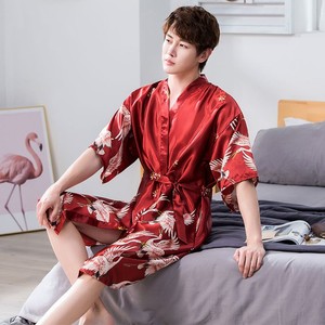 SAMWESTART Print Kimono Nightwear <strong>Men</strong> Satin Crane Sleepwear Home <strong>Dressing</strong> <strong>Gown</strong> Robe Set Lounge Wear Nightgown Bathrobe - Product Image 2