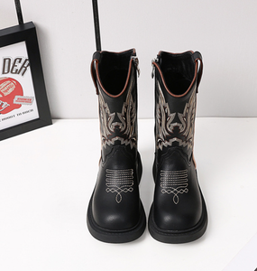 Bottes de cow-boy pour enfants, marron, brodées, rétro, en denim, pour filles, à semelle souple, mi-hautes, en microfibre respirante, antidérapantes - Product Image 3