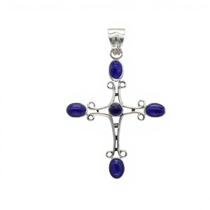 Pendentif croix en argent sterling 925 avec serti en lapis-lazuli, bijoux religieux chrétiens unisexes - Product Image 1