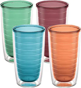 แก้วน้ำมีฉนวนพลาสติกตั้งโต๊ะสีสันสดใส,แก้วผนังสองชั้นขนาด12ออนซ์16ออนซ์พร้อมฝาปิด