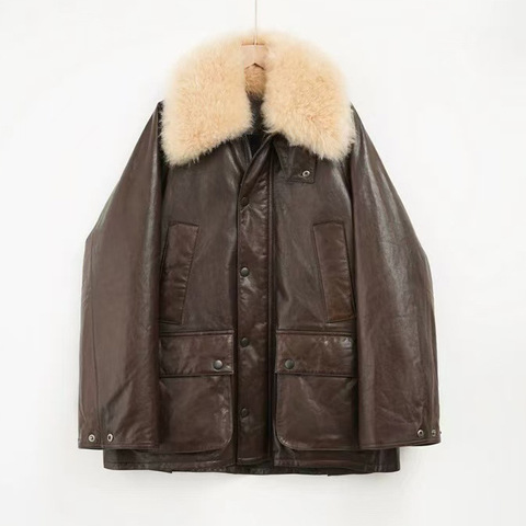 5194 New Arrival Winter Oil Wax Vegetable Tanned Sheepskin Lamb Wool Collar Casual 90 Goose Down Coats for Women