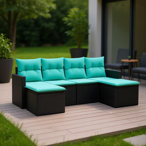 Set di Divani da Giardino Modulari in Rattan PE Nero e Blu, 6 Pezzi, per Soggiorno - Product Image 2