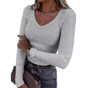 Nouveau <span class=keywords><strong>T</strong></span>-<span class=keywords><strong>shirt</strong></span> sexy pour <span class=keywords><strong>femme</strong></span>, style décontracté européen/américain, en maille côtelée douce, coupe ajustée, couleur unie, <span class=keywords><strong>manches</strong></span> <span class=keywords><strong>longues</strong></span>, collection printemps, transfrontalier - Product Image 2