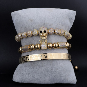 Роскошный золотой череп очарование с Pave CZ нержавеющая сталь макраме браслет набор JBS11090 модный браслет бусины - Product Image 3