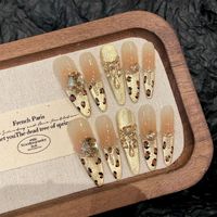 Lot de 10 faux ongles longs stiletto faits main, personnalisés, avec strass 3D, réutilisables, motif léopard de luxe, paillettes dorées, en gel, pour B2B