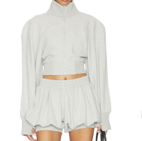 Ensemble deux pièces tricoté côtelé pour femme, col montant, veste courte zippée, style décontracté et sportif, confortable pour le quotidien