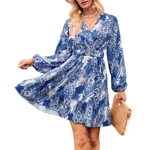 Fashion design floral printing long sleeve mini dress sexy short polyester casual dress for autumn collection