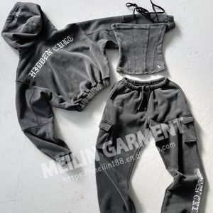 Ensembles 2 pièces pour femmes : Hoodies courts et amples délavés à l'acide avec broderie effet vieilli et Joggers de survêtement - Product Image 2