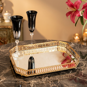 Elegant Gold <b>Mirrored</b> Serving Tray With <b>Octagonal</b> Design Polished Metal Finish Residential Use - Product Image 3