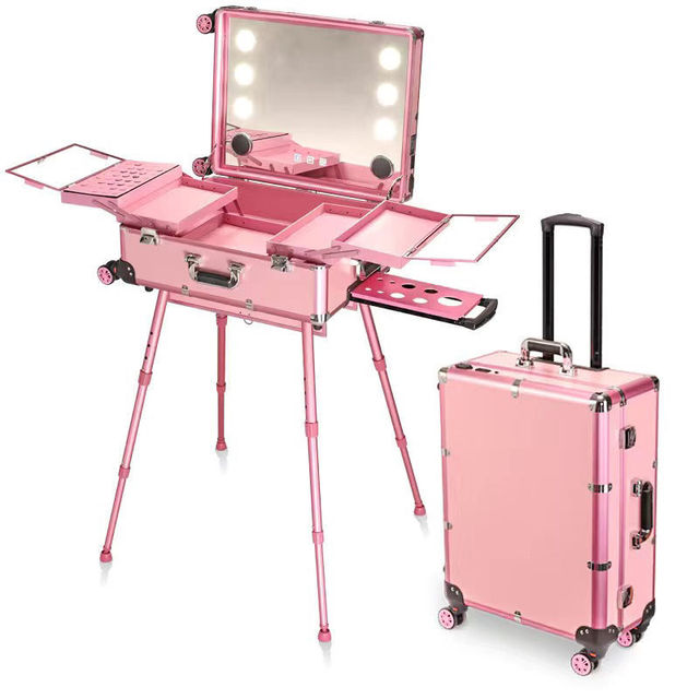 Professional Fashionable Makeup Train Case Adjustable LED Lights Audio Speaker New Annual Rolling Trolley Stone Pattern Closure
