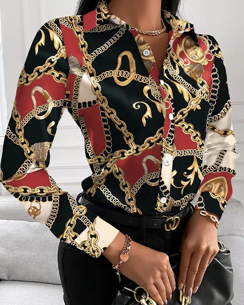 2021 Office Ladies Elegant Chain Print Shirt Blouses Women Casual Shirts Long Sleeve Blouse Turn-down Collar Button Tops