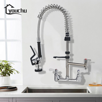 Robinet de cuisine commercial classique en acier inoxydable 304 avec tuyau intégré + laiton, pré-rinçage, 2 trous, pulvérisateur flexible de qualité alimentaire, mur, salle de bain