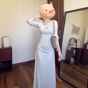 High Waist Lace Trim Sheath Dress Flower Gray Square Collar Long Dress For Women Autumn Fashion Style YX-9188 - Product Image 4