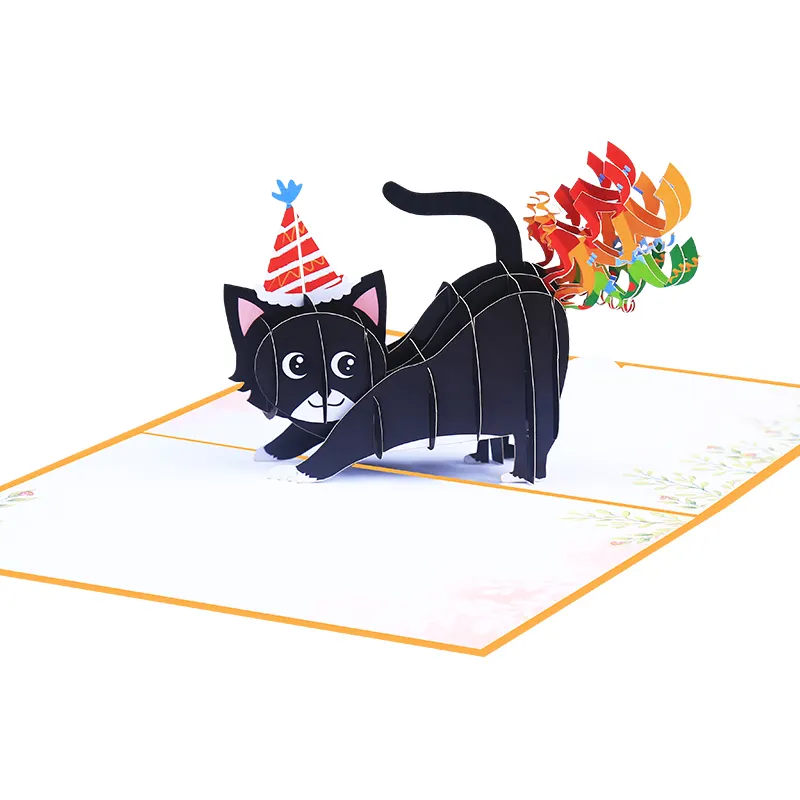 Wholesales feito à mão design exclusivo 3d animal popup, gato de saudações, confete engraçado, cartão de aniversário e presente com envelopes