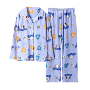 Vente en gros de quantité minimale de commande bas approvisionnement direct pyjamas de salon pour femmes 2 pièces ensemble à manches longues rayé femmes vêtements de nuit boutonné confortable - Product Image 3