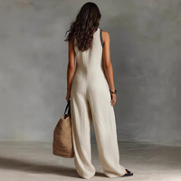 Combinaison décontractée sans manches en lin mélangé pour femme, col montant zippé, imprimé décoratif, collection Printemps 2026 Europe-Amérique