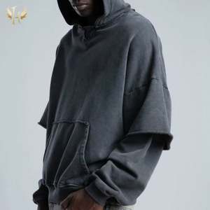 Vente en gros de sweat à capuche vintage 100% coton délavé à l'acide manches double couche 460 g/m² de couture brute sans cordon de serrage pour l'hiver - Product Image 4