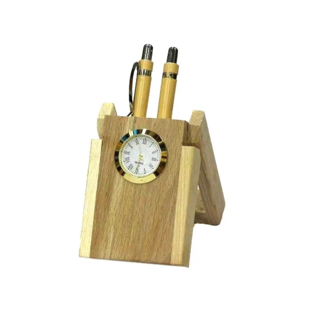 Perlengkapan sekolah dan kantor berkualitas tinggi sandaran pena kayu dengan jam Analog Tersedia dengan harga terjangkau