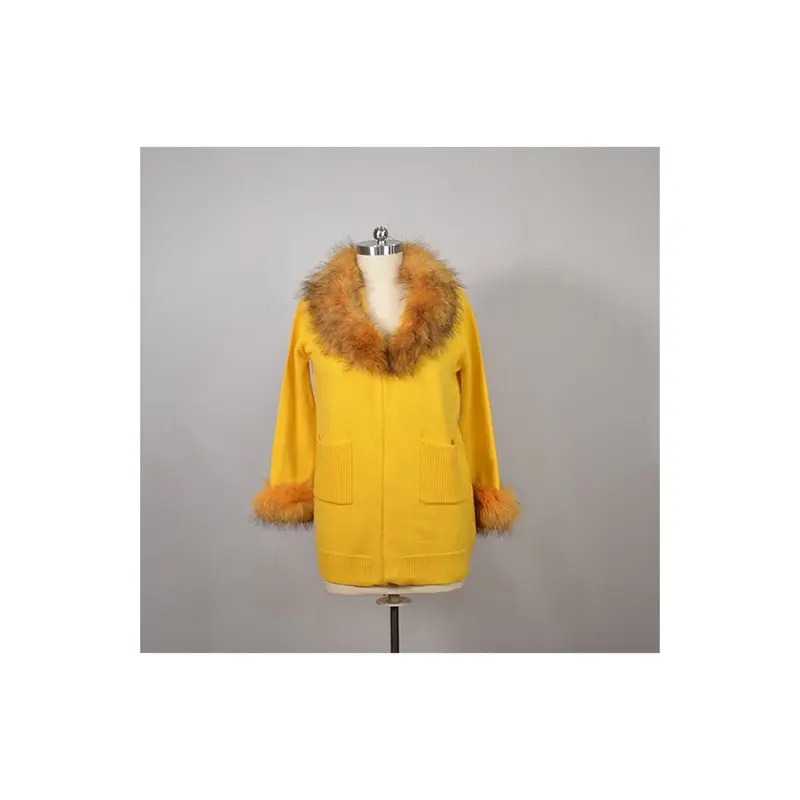 Oem Wholesale Yellow Medium Length Wool Blending Knitted Plus Size Women's Sweaters With Real Raccoon Fur Trim
