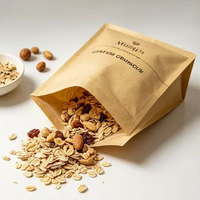 Bolsa ecológica resellable de papel kraft marrón con cierre de cremallera para almacenar alimentos y refrigerios, ideal para granola, avena, frutos secos y desayunos, con ventana.