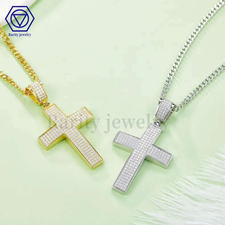Rarity vvs D color ready to ship 925 sterling silver diamond iced out gold moissanite cross pendant necklace jewelry for men