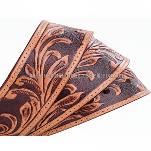 Durable One Piece Single Layer Floral Tooled Design Custom Men's Fashion Western Leather Tooling Belt con hebilla de latón antiguo - Product Image 1