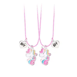 Custom Sieraden Schattige Eenhoorn Bff Metalen Ketting Set Sweet Barbi Roze Druipende Olie Glitter Legering Vriendschap Ketting Voor Kinderen