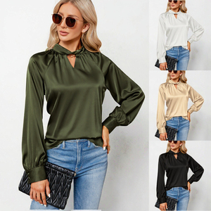 Women's Satin Blouse Long Sleeve Balloon Sleeve Slash Neck Wrap Tie Elegant Solid Color <b>Top</b> Regular Fit All Seasons Wear - Product Image 3