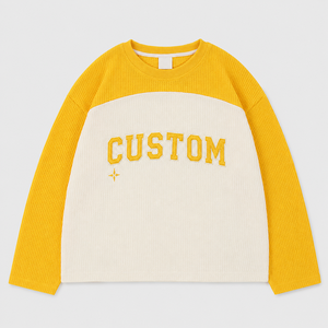 <b>Waffle</b> Knit T-shirt Heavyweight Cotton Color <b>Block</b> Boxy Fit Long Sleeve Streetwear Tee Custom Oversized Pullover Men T Shirt - Product Image 1