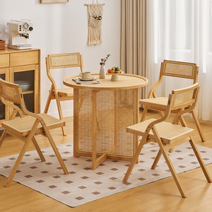 Rattan <b>Round</b> <b>Dining</b> <b>Table</b> And Chair <b>Set</b> Foldable Small Apartment Balcony Use Original Wood Style - Product Image 3