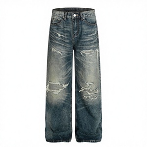 Z029 Jeans de Pierna Ancha de Mezclilla de Cintura Media con Diseño Desgastado Azul Lavado de Alta Gama Estilo Retro Americano para Hombre <span class=keywords><strong>y</strong></span> Mujer - Product Image 1