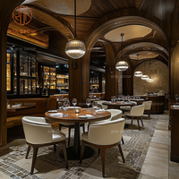 Ensemble de mobilier de salle à manger de restaurant de luxe, table ronde en bois avec chaises en cuir et pieds en métal pour café