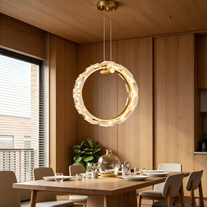 Lustre LED rond en albâtre personnalisé, petit modèle, design contemporain en laiton, pour villa, salon, restaurant, décoration - Product Image 1