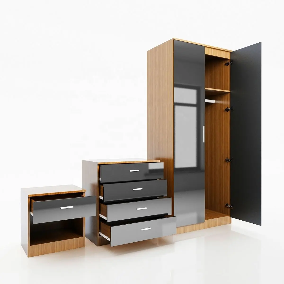 Wooden bedroom furniture sets UV high gloss wardrobes with portable beside cabinets