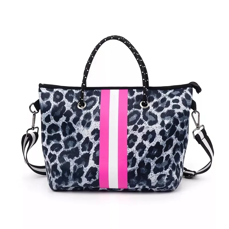 Big Capacity Shoulder Perforated animal print neoprene leopard hand bags suppliers neoprene tote bag pink and leopard