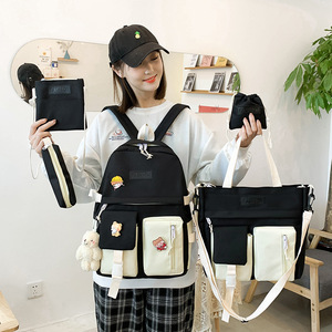 Cross-border New Female College <b>Student</b> <b>Backpack</b> Five-piece Set Korean-style Contrast Canvas Zipper 20-36L Capacity Campus - Product Image 2